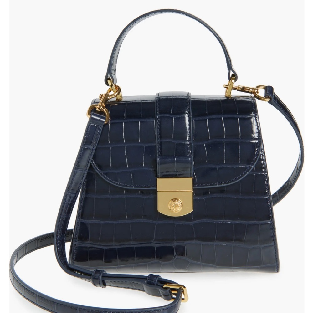 Veronica Beard Croc-Embossed Crest Lock Bag in Navy